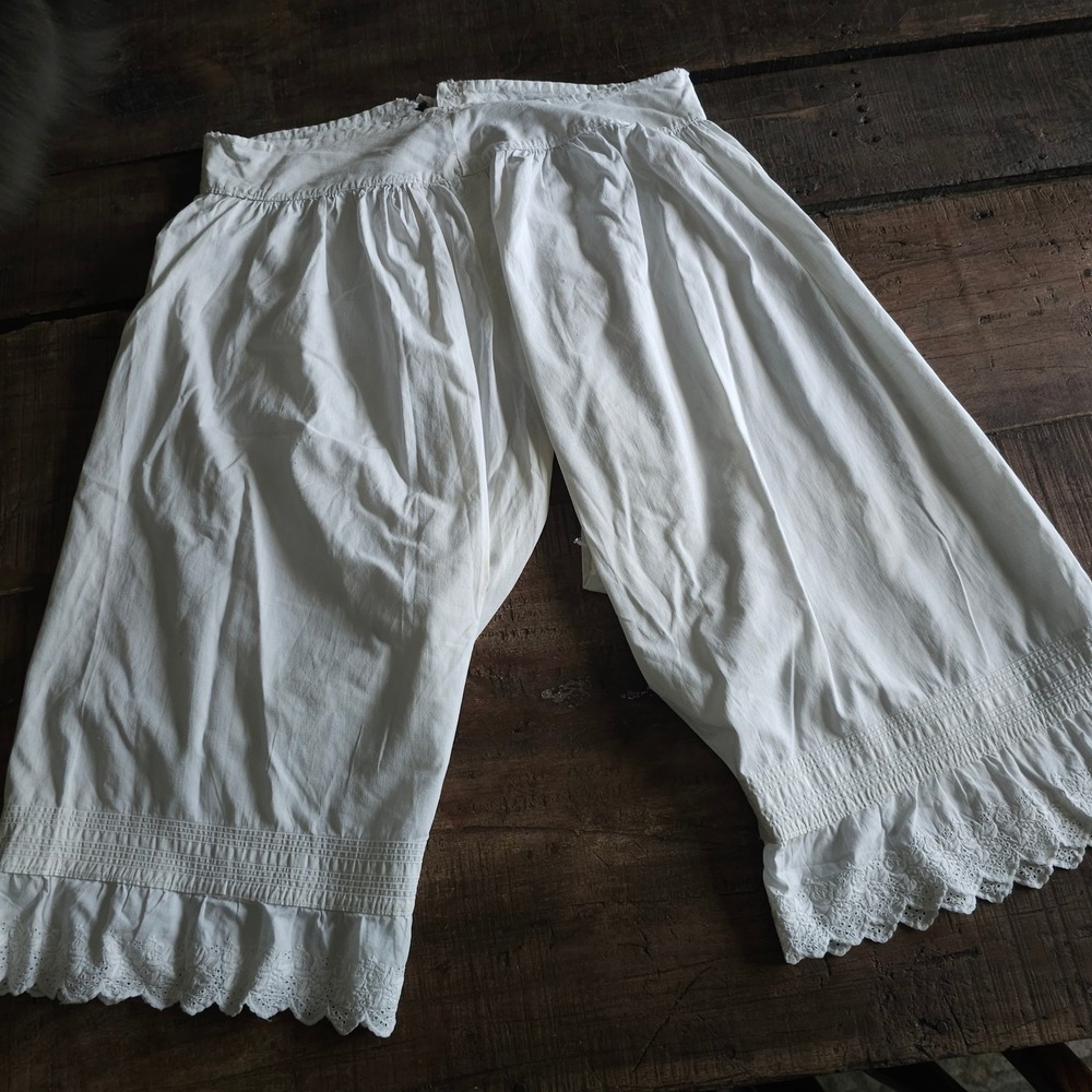Antique Victorian White Cotton Split Crotch Bloomers Eyelet Lace Pantaloons